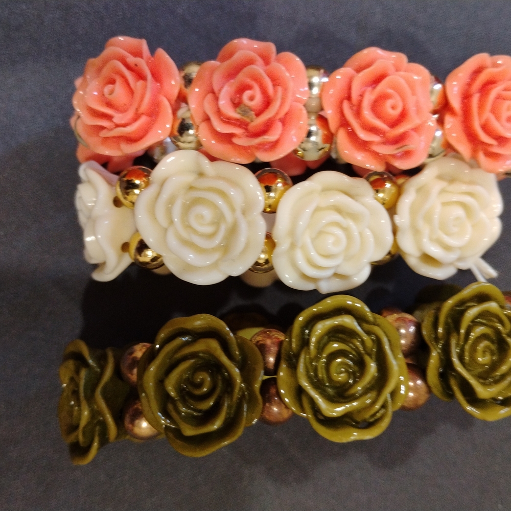 Floral Resin Rose Stretch Bracelet Trio - Pink, Cream & Olive